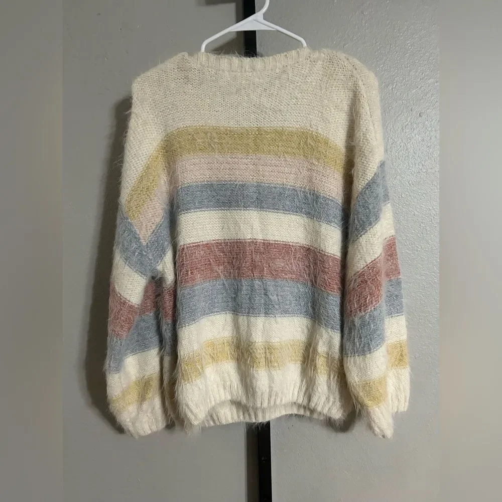 Magnolia Boutique Cream Fuzzy Scoop Neck Sweater with Pastel Stripes Size Small